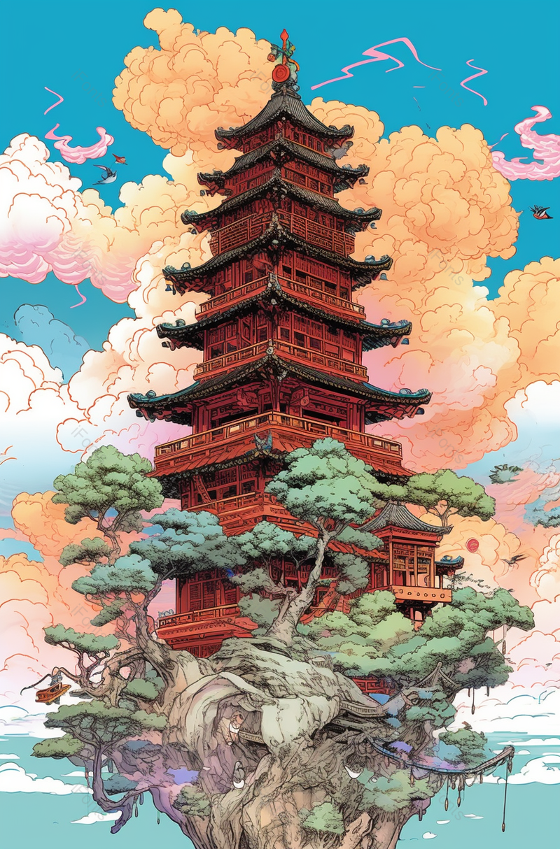国潮风江西省南昌市滕王阁创意插画背景,插画/手绘图,插画/手绘图库,插画/手绘图下载,插画/手绘